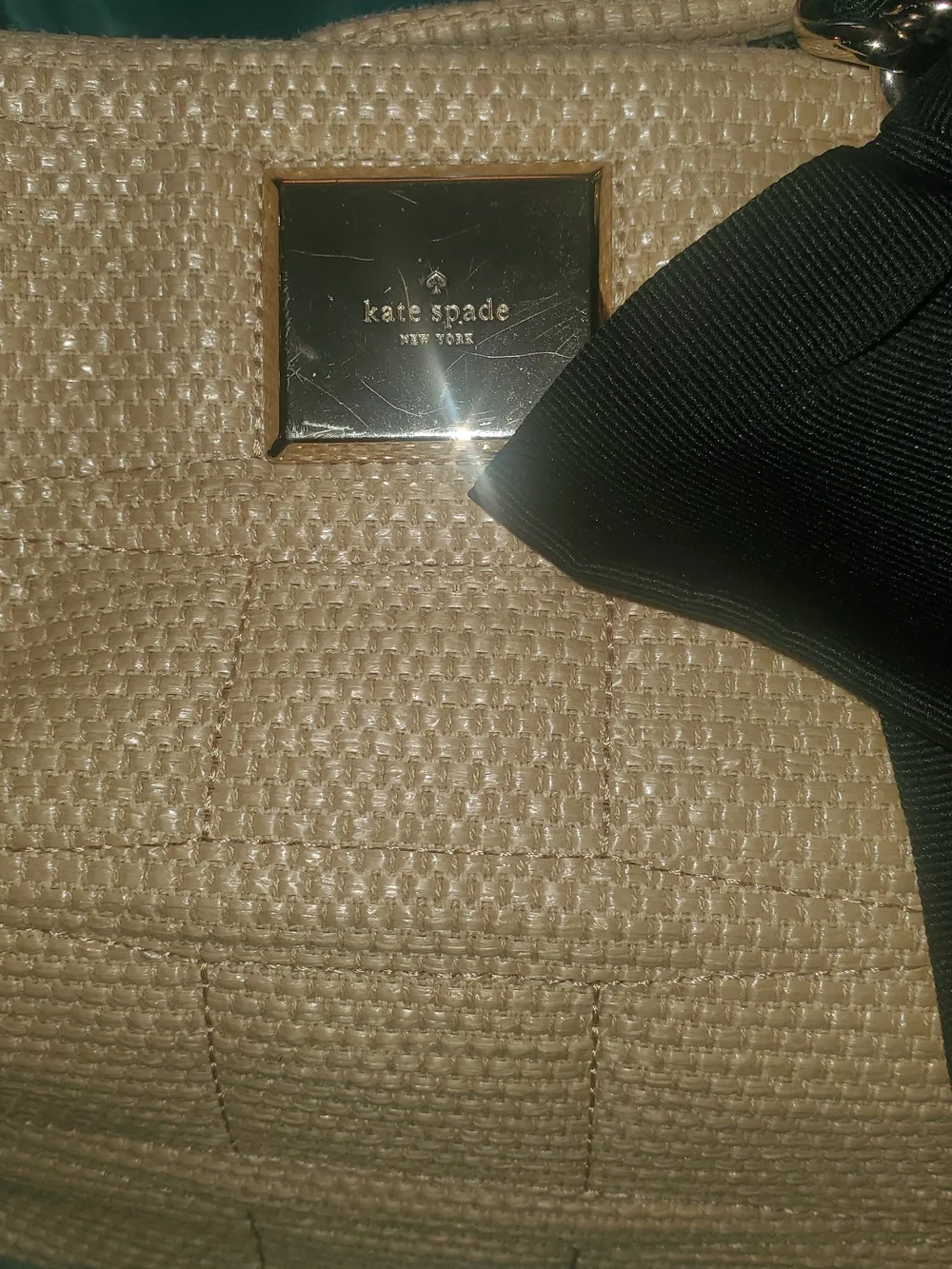 kate spade Neutral Woven Tote with Black Bow Accent